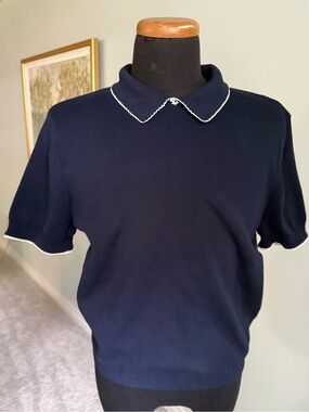 Zara Navy Knit Peter Pan Collar Top Preppy Coastal Grandmother Minimalist